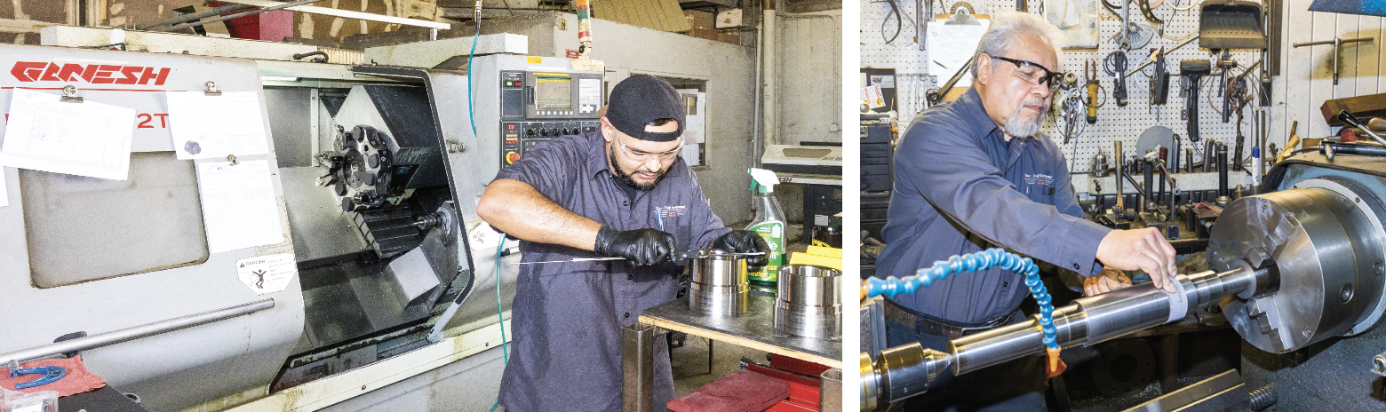Left – Efrian inspects tolerances as operations are completed on the Ganesh FCL-300s Right - Manual machining is still part of the business model at SCI. Over the years it has become more difficult to find skilled artisans that can do the work. Pete has been with SCI for 36 years.